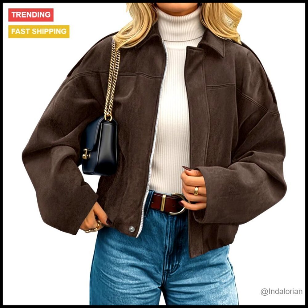 Faux Suede Cropped Jacket Open Front Long Sleeve Regular Fit Polyester